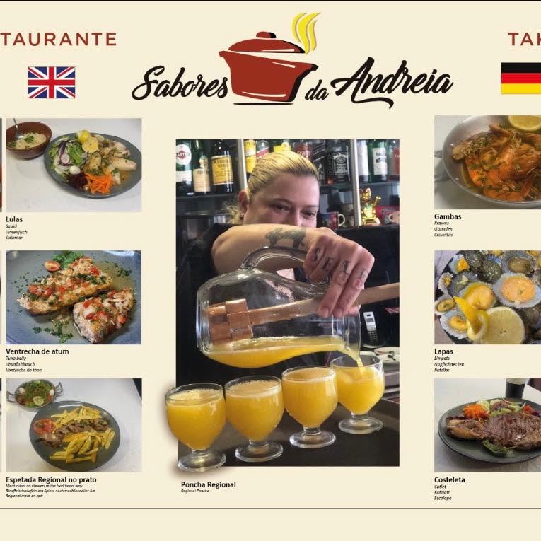 Sabores da Andreia poster — Andreia pouring poncha regional with dishes of lulas, ventrecha de atum, espetada, gambas, lapas and costeleta