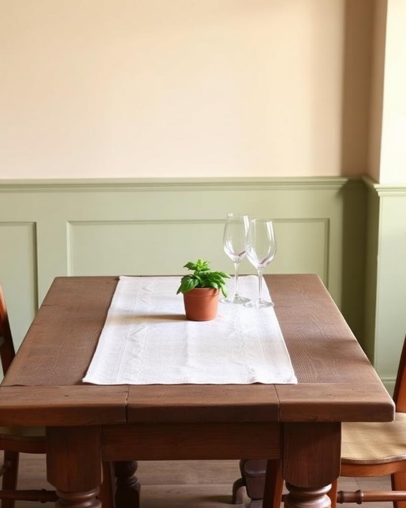 Wooden table with linen runner and basil
